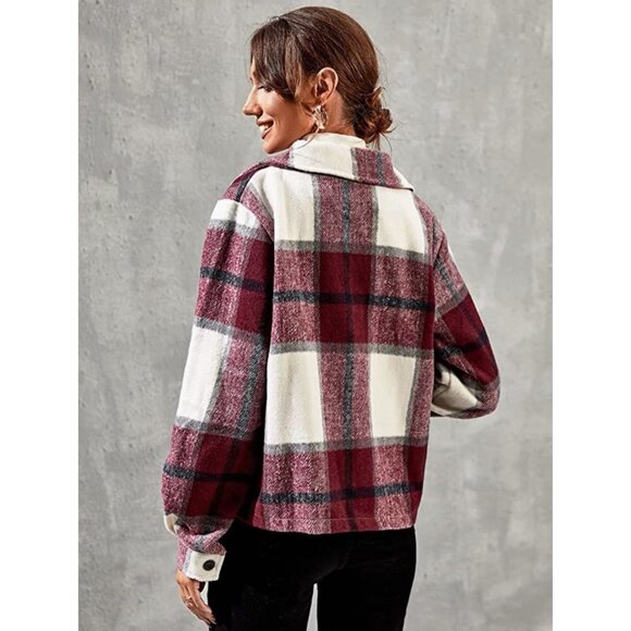 Red Plaid Print Button‎ Down Cropped Flannel Cropped Bomber Jacket Shacket - Picture 3 of 5